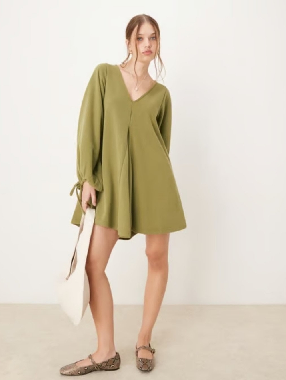 NWOT ASOS Women's Natural Supersoft V-Neck Hem Skirt Mini Dress With Tie Sleeve